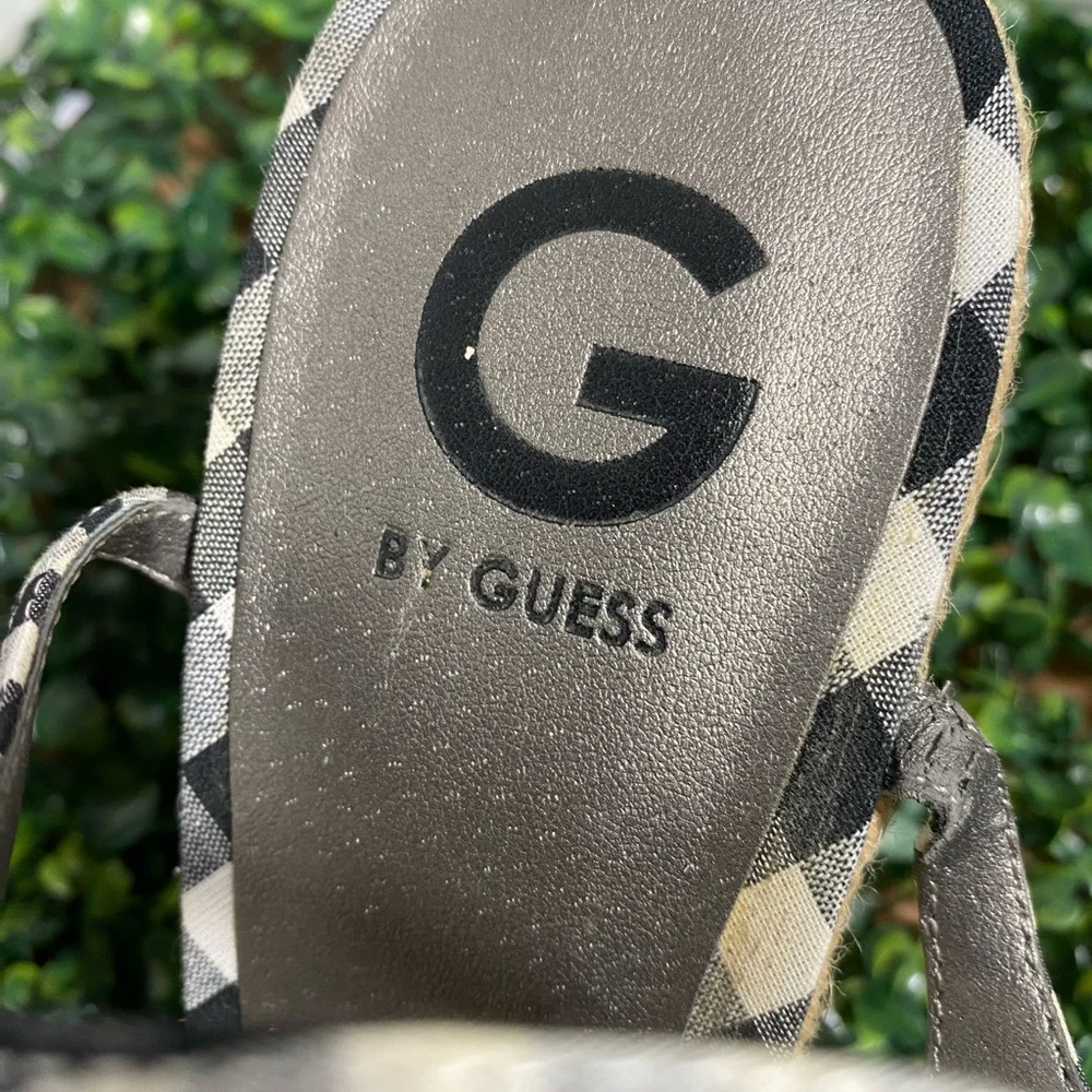G by Guess Black and White Gingham Knot Espadrille Wedge Sandals - Picture 2 of 10